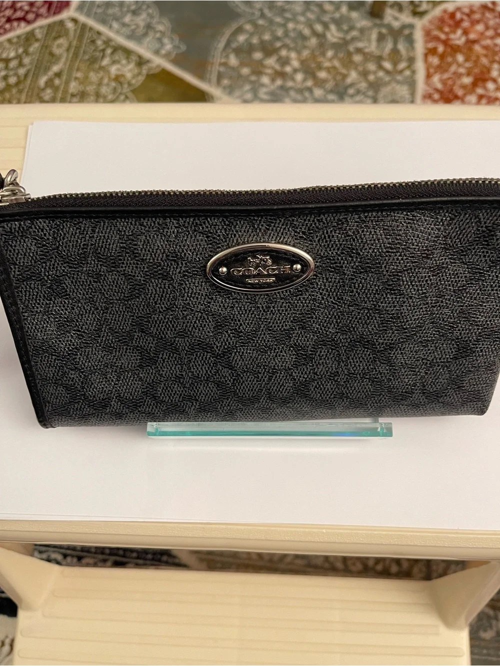 Coach Black Signature Zip Wristlet with Silver Plaque